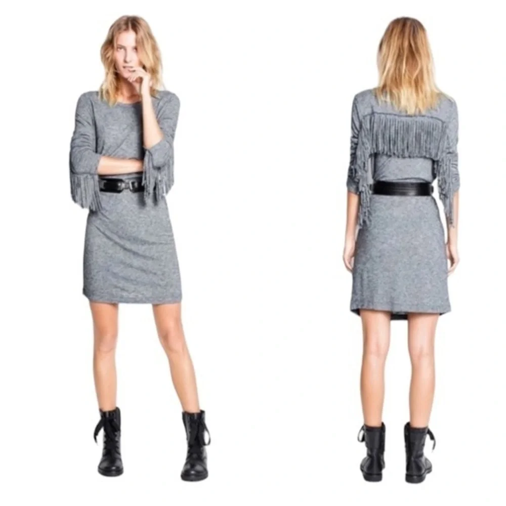 Zadig & Voltaire Winter Fringes Wool/Angora Blend Mini Dress in Grey - Picture 1 of 13